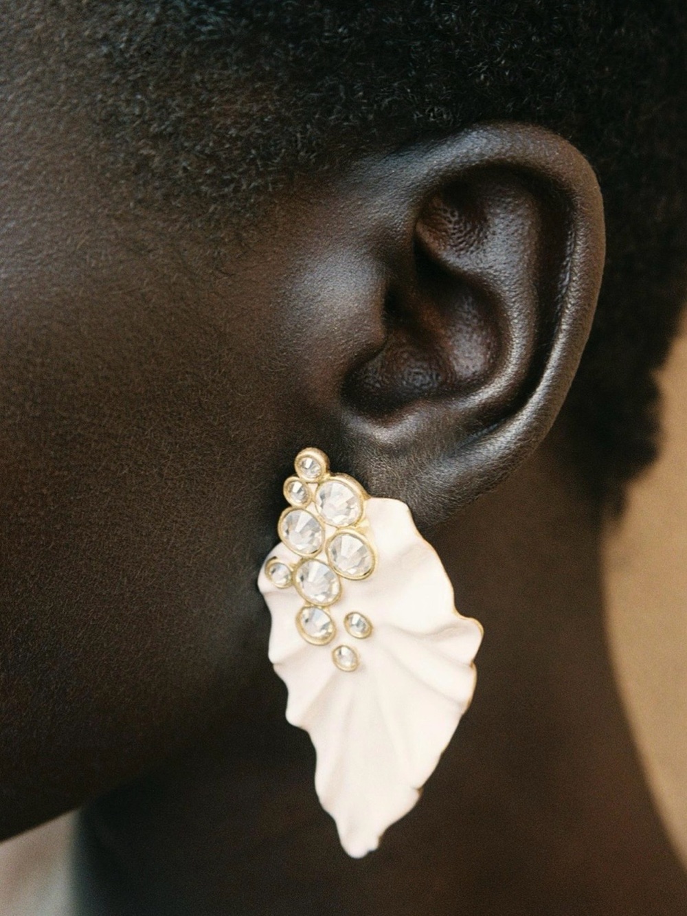 Zara Cream Jeweled Leaf Earrings